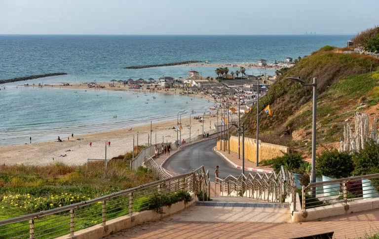 A stairway and a winding road lead down a green cliff to a wide sandy beach with breakwaters.