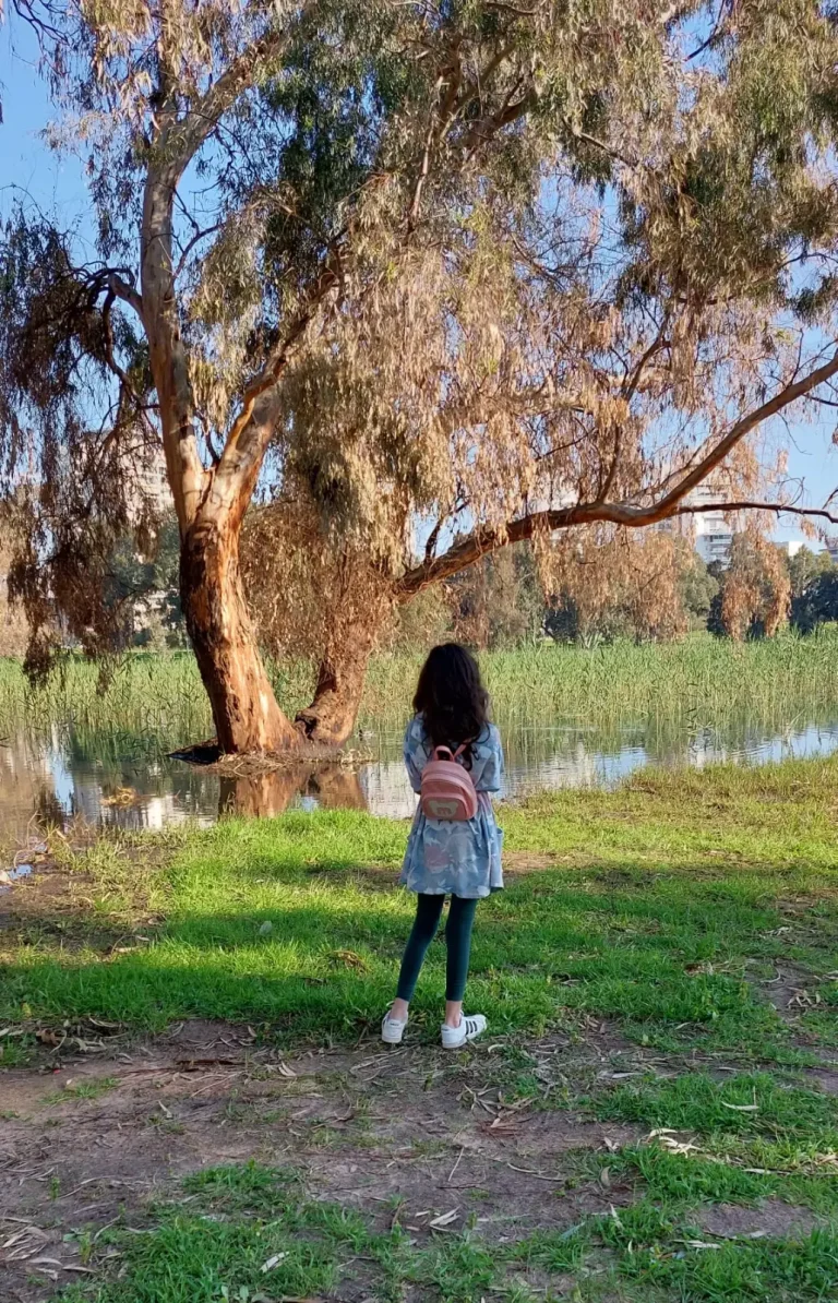 A girl with a pink backpack stands with her back to the camera under a large eucalyptus tree, looking at a lake edged with reeds.
